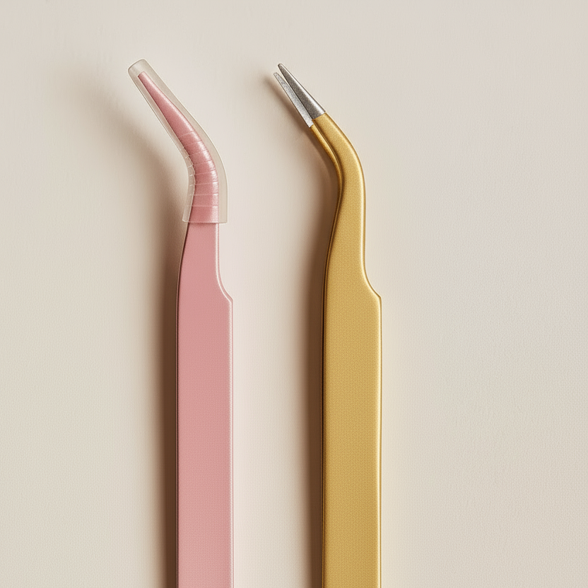 Two colorful tweezers, one pink and one gold, on a beige background.